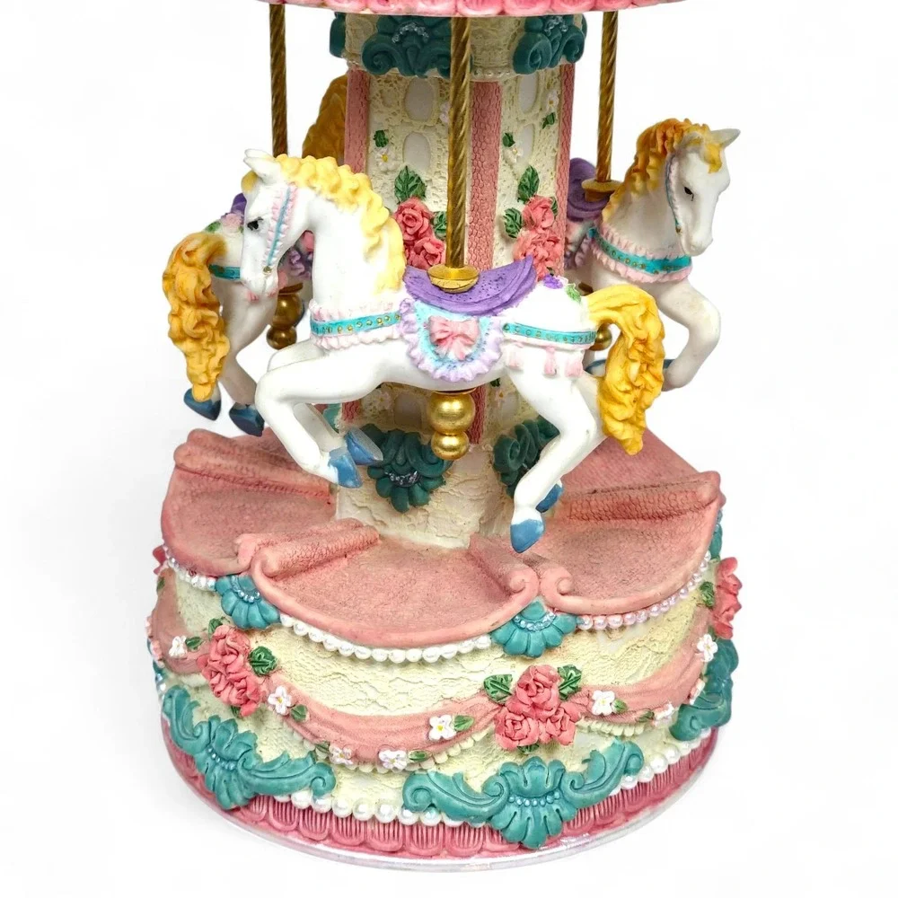 Musical Rotating Carousel Horse Music Box Plays Carousel Waltz Pink Floral